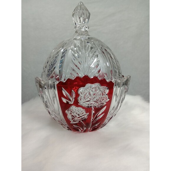 Vintage Anna Hutte Bleikristall‎ Lead Crystal Red Rose Candy Dish w/ Lid Germany - Picture 1 of 5